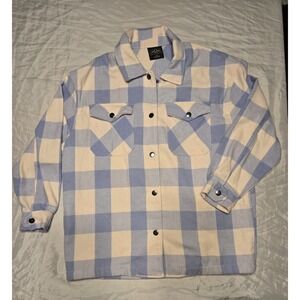 HFX Wmn LG Periwinkle Blue Ivory Checker Flannel Shirt/Jacket Snap Front Shacket